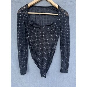 Black Polka Dot Mesh Bodysuit Size 6 M  Sheer‎ Long Sleeve Body Top